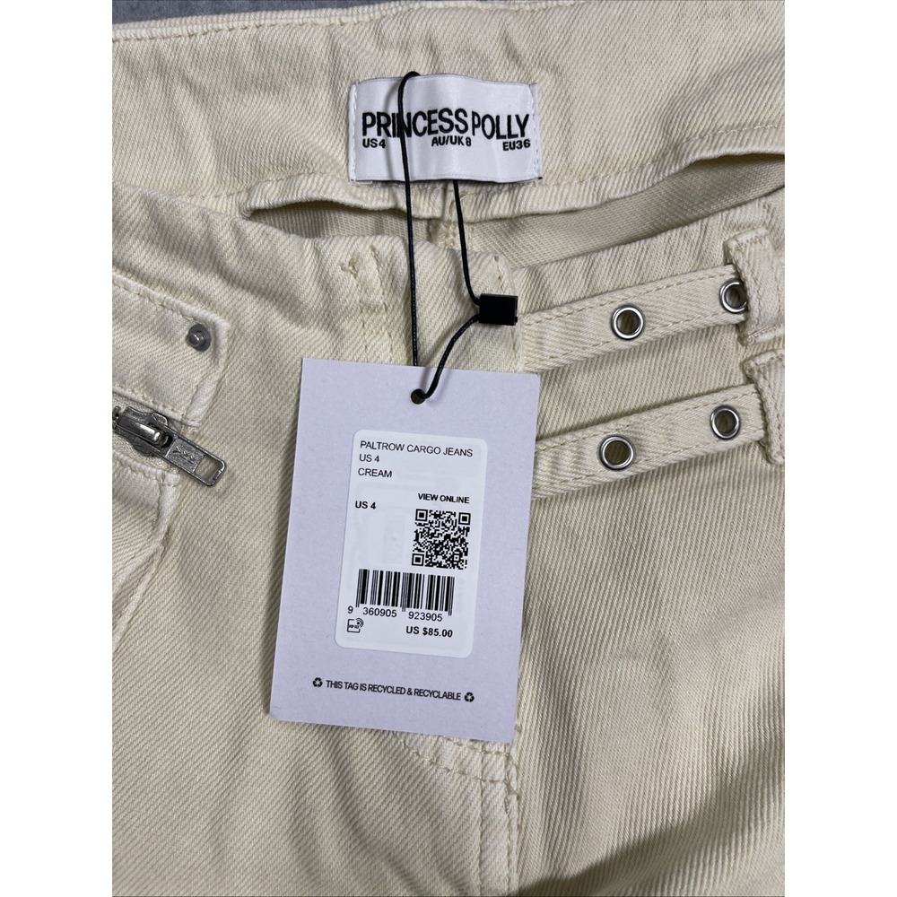 Princess Polly Women's Paltrow Cargo Wide Leg Cotton Cream Jeans 4 Hipster City - Picture 7 of 9